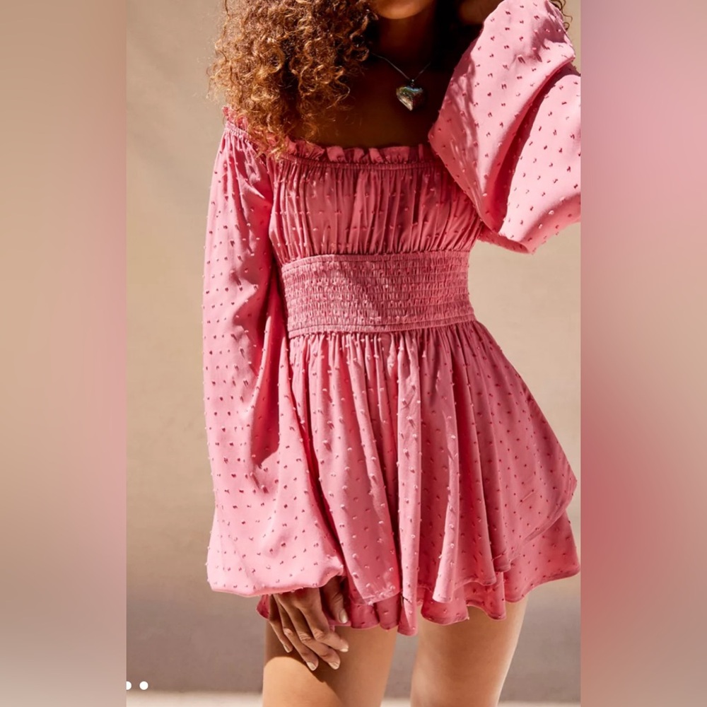 Urban Outfitters Clip Dot Smocked Long Sleeve Romper NWOT Size M